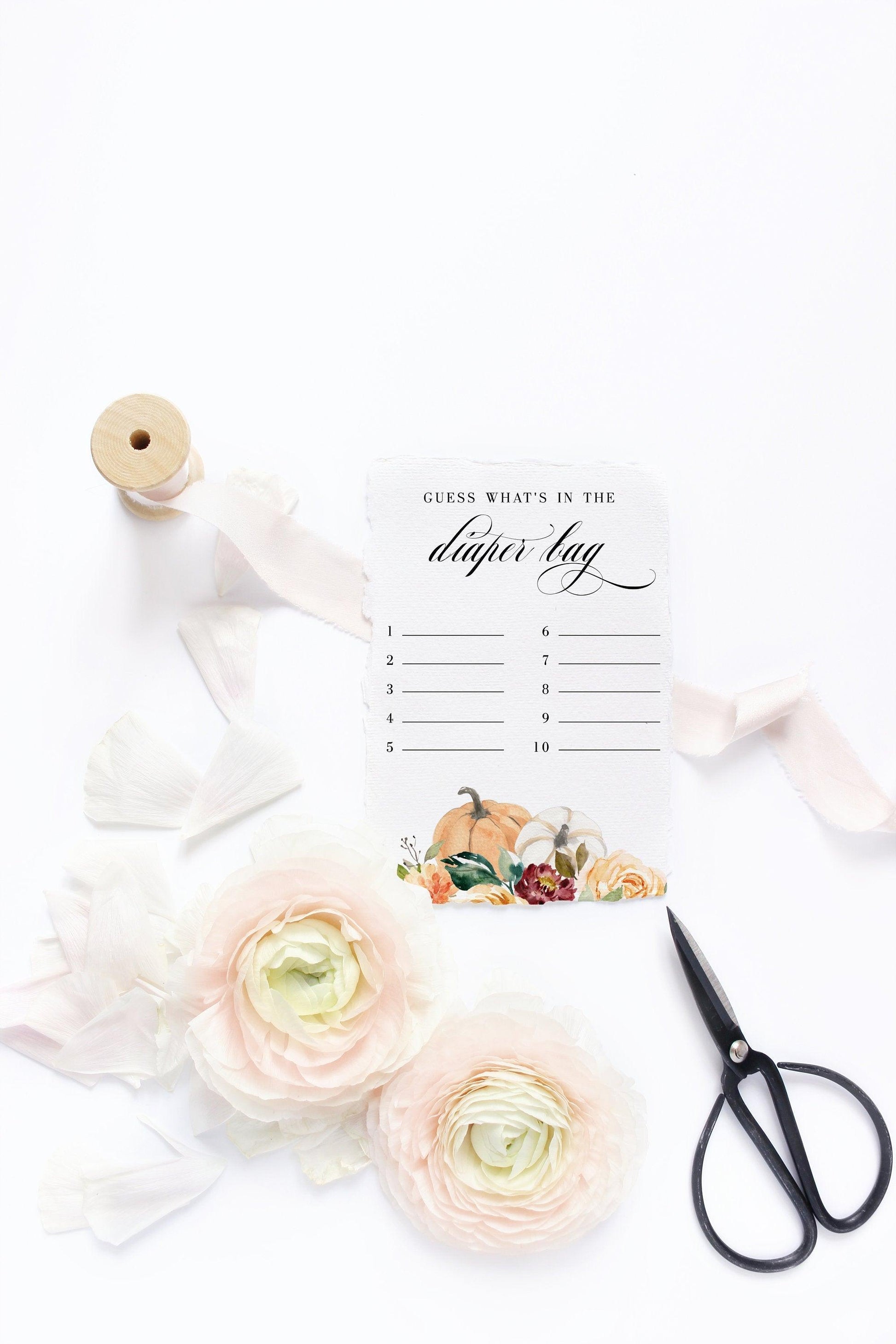 Fall What's in the Diaper Bag, Baby Shower Game, Girl Baby Shower, Printable Game Floral Watercolor #KR1 - SAVVY PAPER CO
