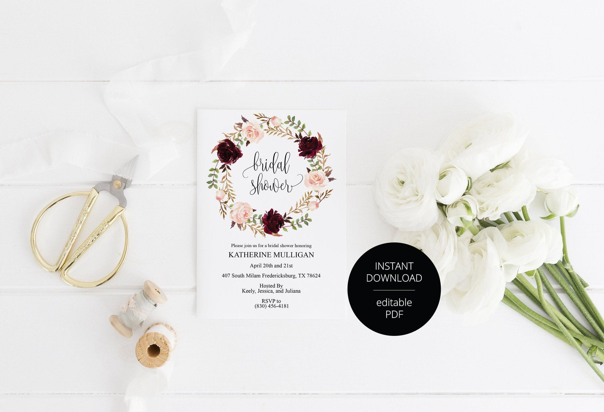 Floral Blush Bridal Shower Invitation Instant Download Printable Editable Template DIY Bridal Shower Invite - Katherine - SAVVY PAPER CO