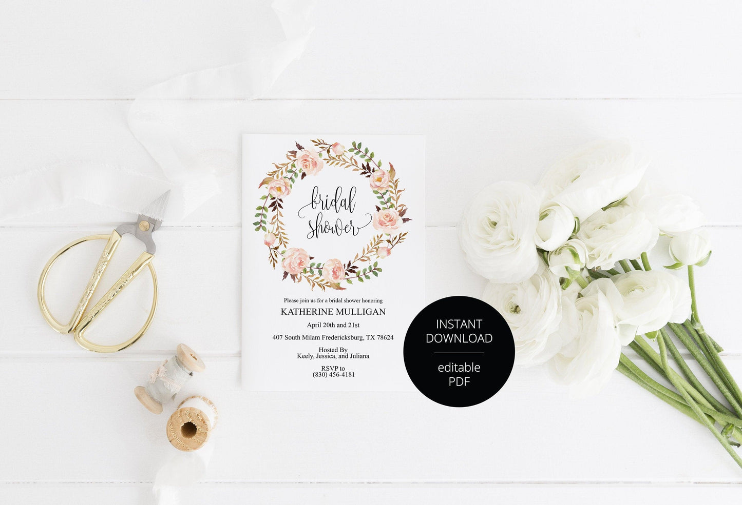 Floral Bridal Shower Invitation Instant Download Printable Editable Template DIY Bridal Shower Invite - Katherine - SAVVY PAPER CO