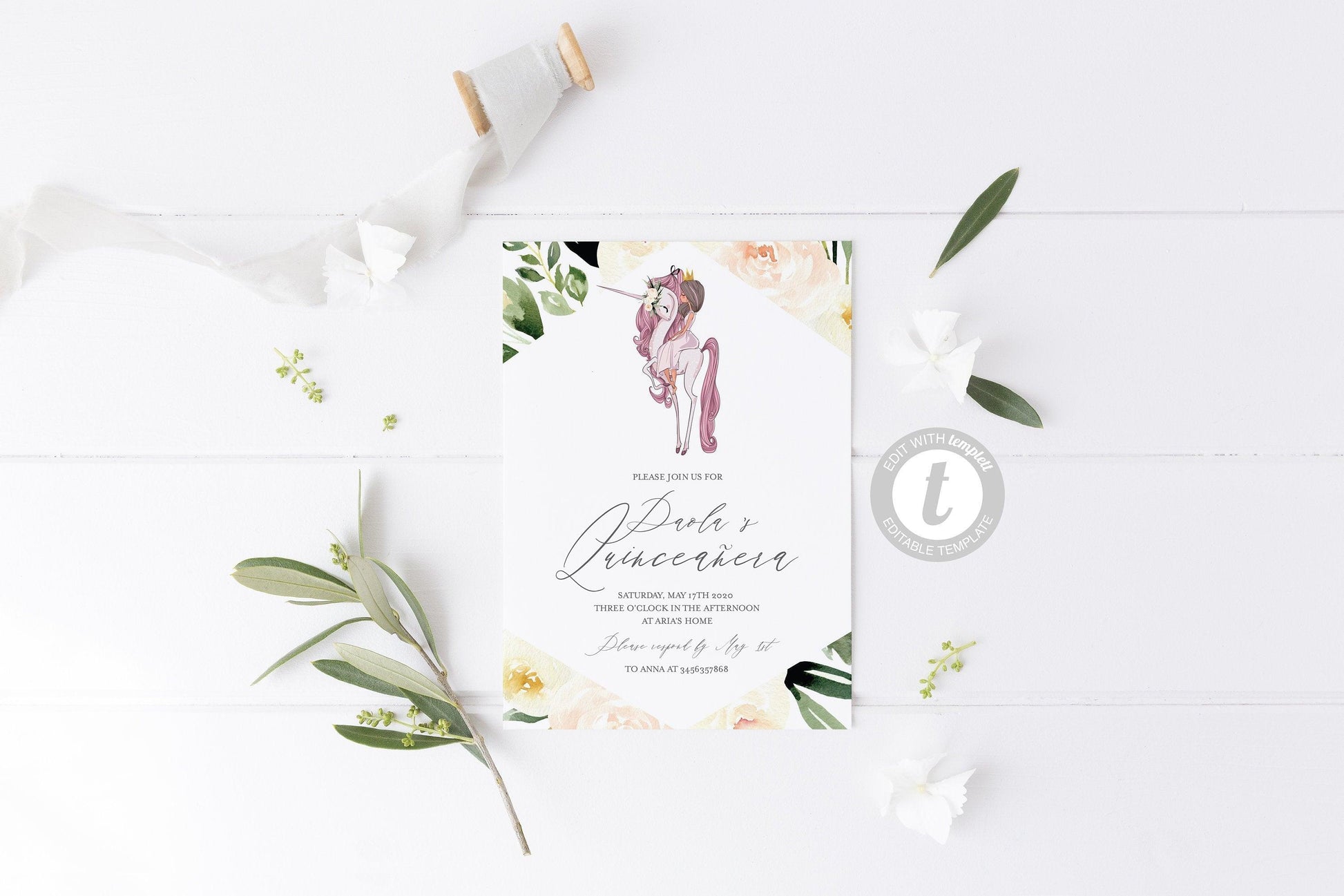 Floral Quinceañera Invite, Printable Quinceanera Birthday Party Invitation Template, Instant Download, 15th Birthday #UNI - SAVVY PAPER CO