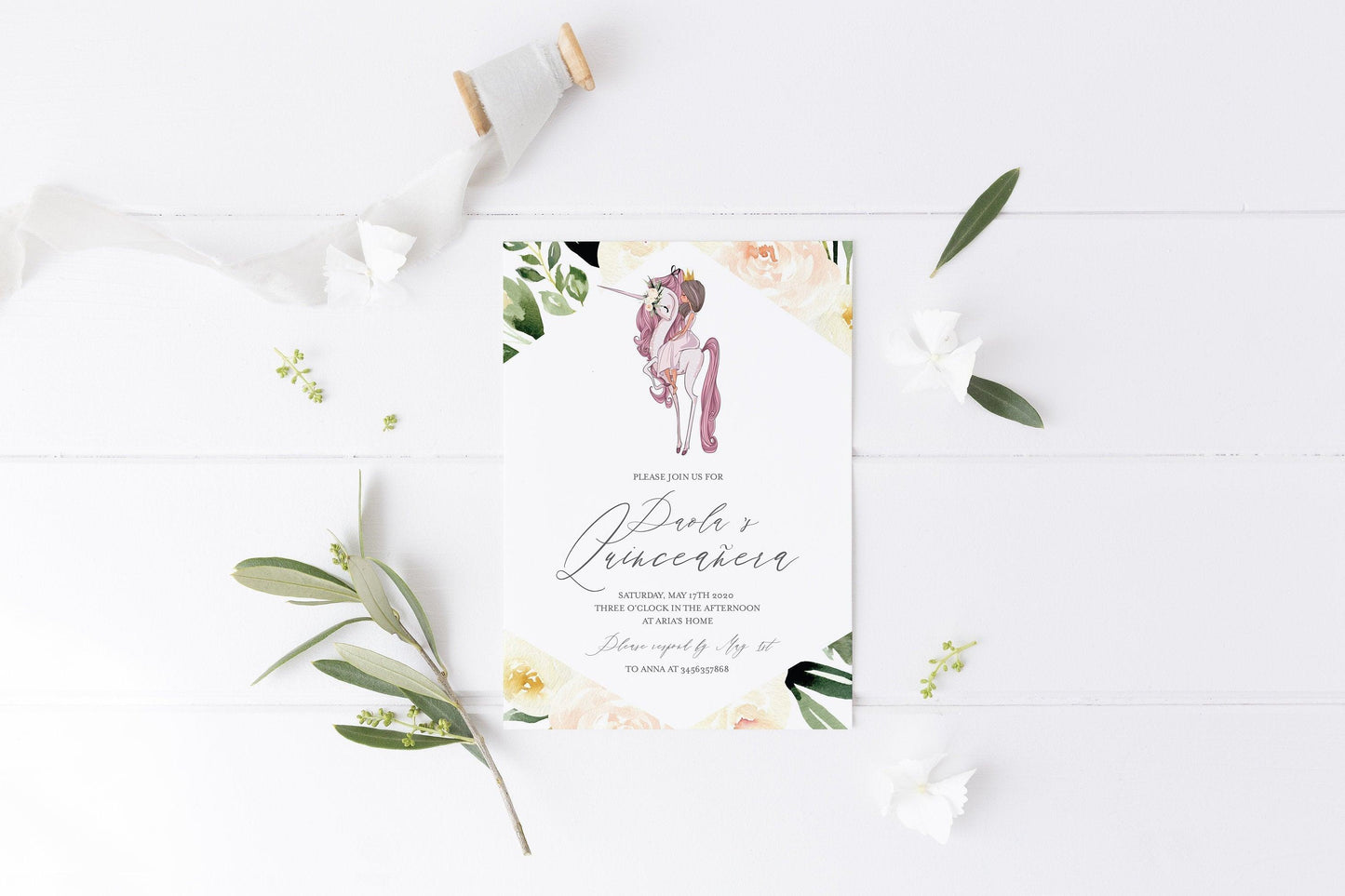 Floral Quinceañera Invite, Printable Quinceanera Birthday Party Invitation Template, Instant Download, 15th Birthday #UNI - SAVVY PAPER CO