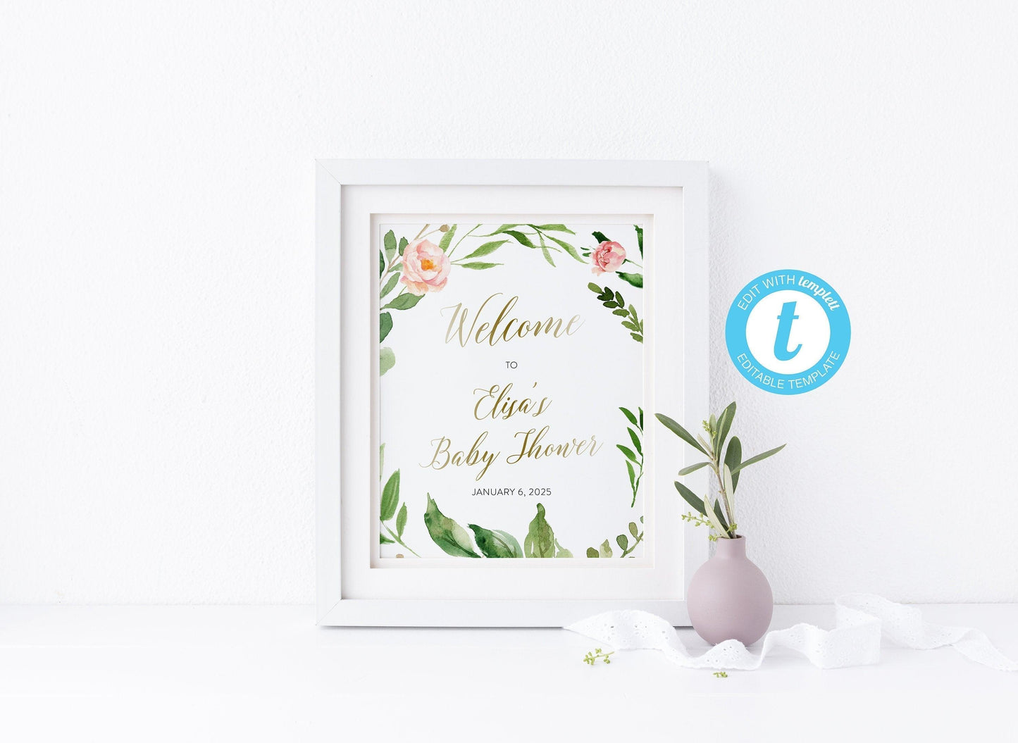 Floral Welcome Baby Shower Sign Template, Printable Sign, Baby Shower Welcome Sign, Bridal Shower Decoration - Elisa - SAVVY PAPER CO