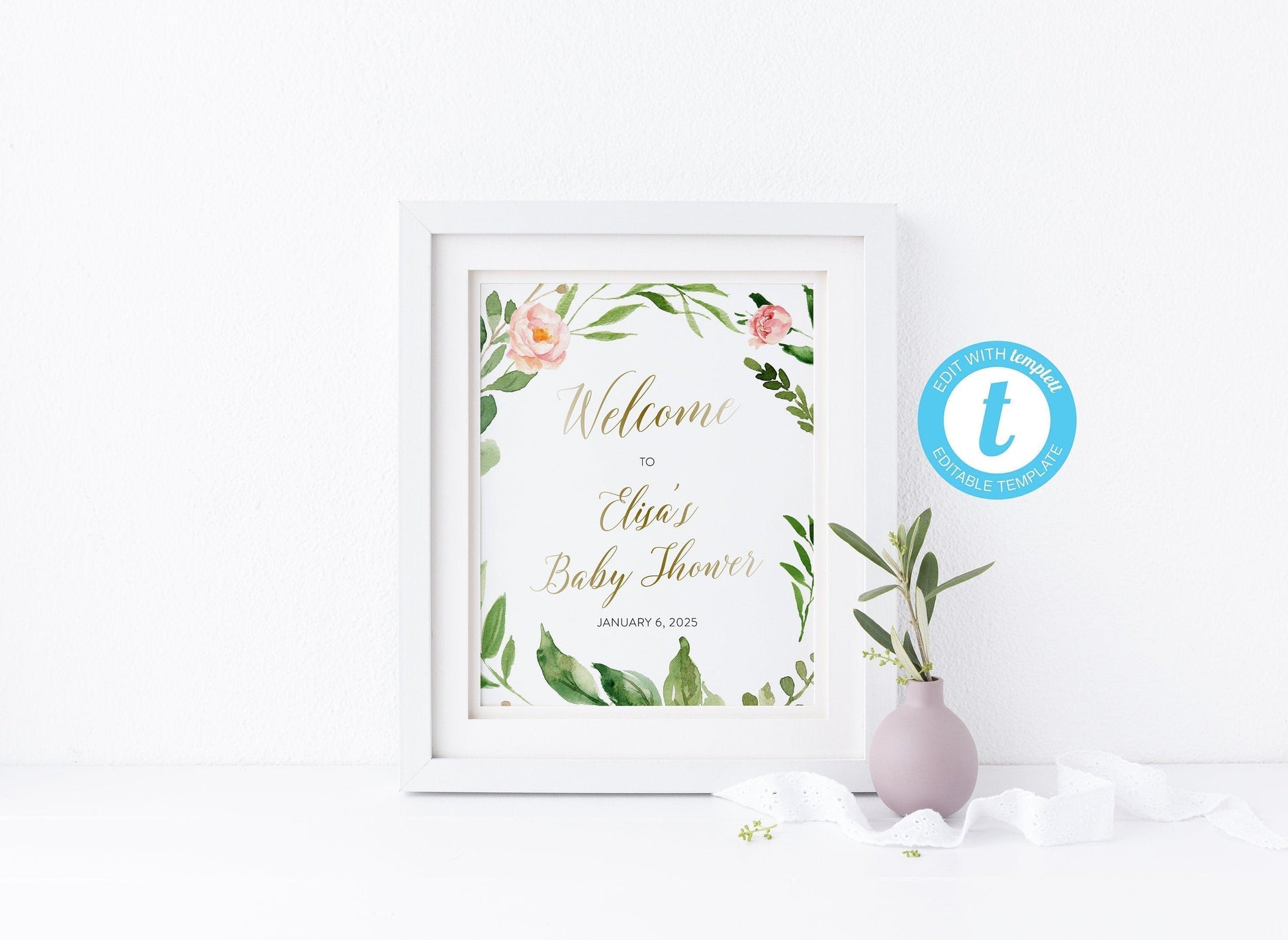 Floral Welcome Baby Shower Sign Template, Printable Sign, Baby Shower Welcome Sign, Bridal Shower Decoration - Elisa - SAVVY PAPER CO