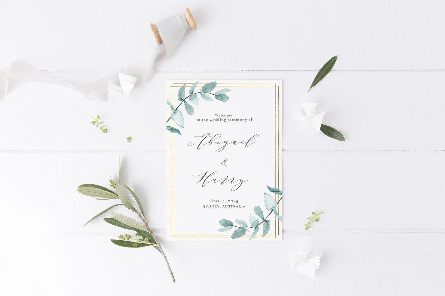 Folded Wedding Ceremony Card, Greenery, Geometric, Wedding Details Card, Gold Wedding, Rustic Wedding, Template, Nature Wedding - Abi - SAVVY PAPER CO