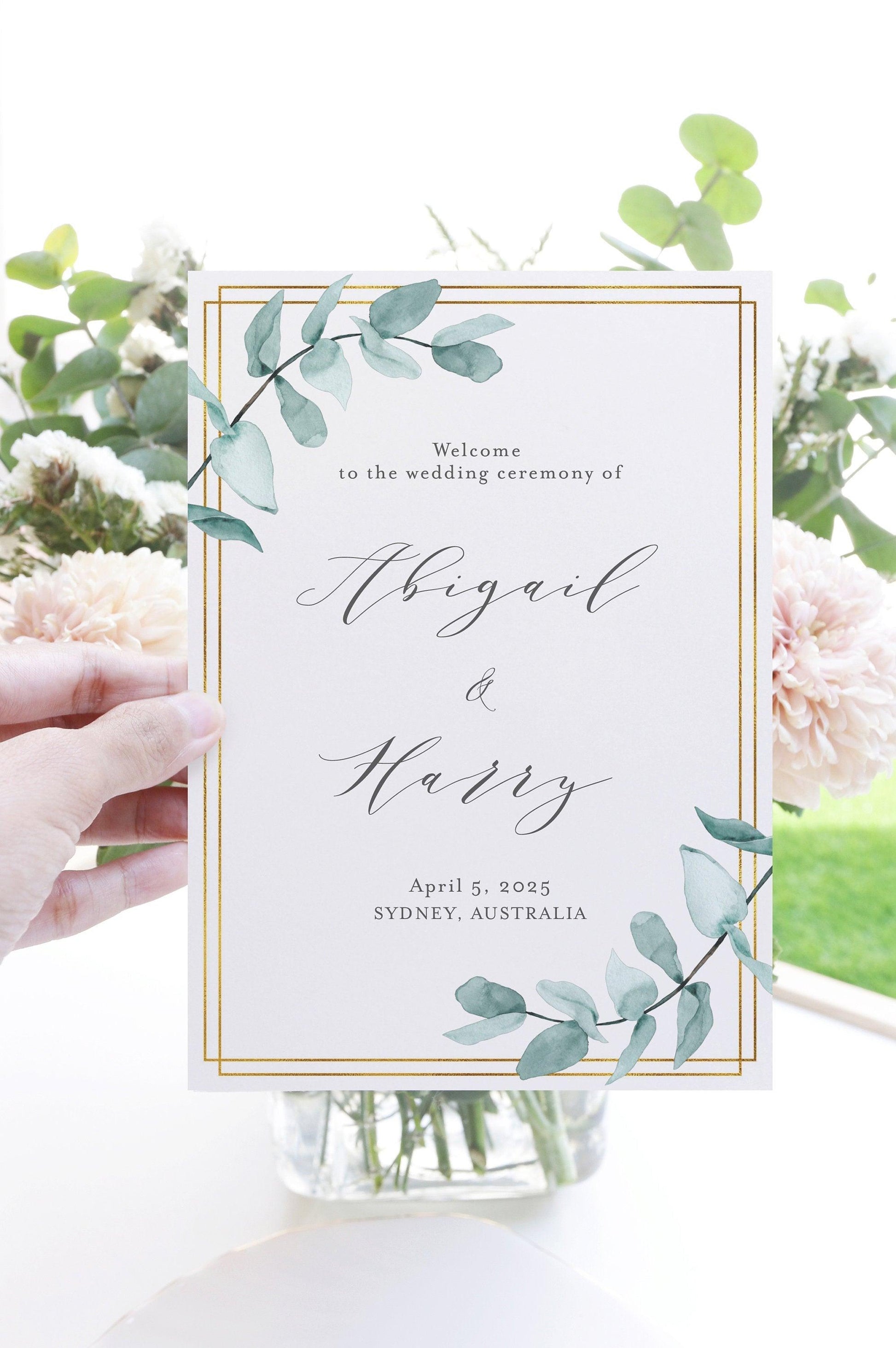 Folded Wedding Ceremony Card, Greenery, Geometric, Wedding Details Card, Gold Wedding, Rustic Wedding, Template, Nature Wedding - Abi - SAVVY PAPER CO