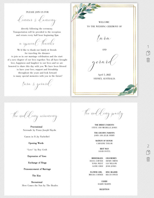 Folded Wedding Ceremony Card, Greenery, Geometric, Wedding Details Card, Gold Wedding, Rustic Wedding, Template, Nature Wedding - Tara - SAVVY PAPER CO