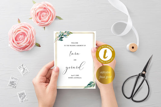 Folded Wedding Ceremony Card, Greenery, Geometric, Wedding Details Card, Gold Wedding, Rustic Wedding, Template, Nature Wedding - Tara - SAVVY PAPER CO