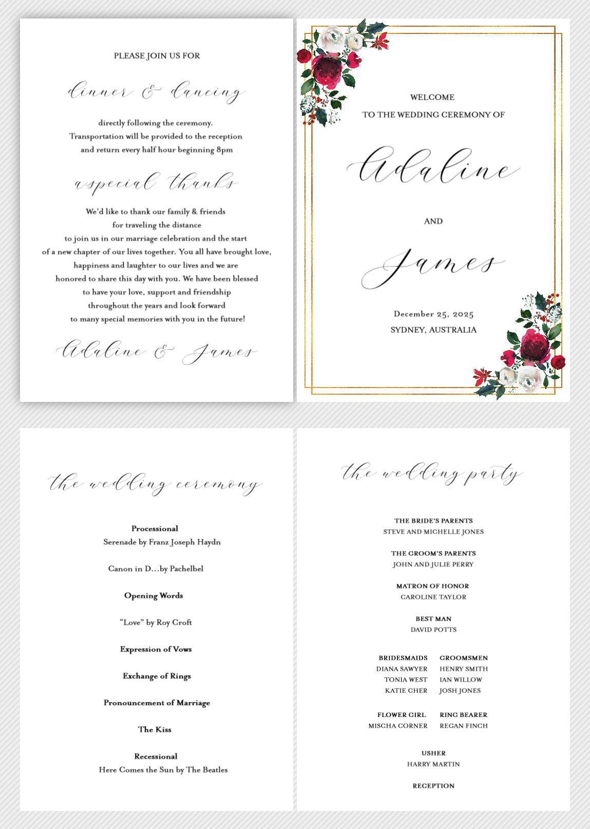 Folded Wedding Ceremony Program Card Editable Template Christmas Wedding Printable Instant Download Order of Service - Ada - SAVVY PAPER CO
