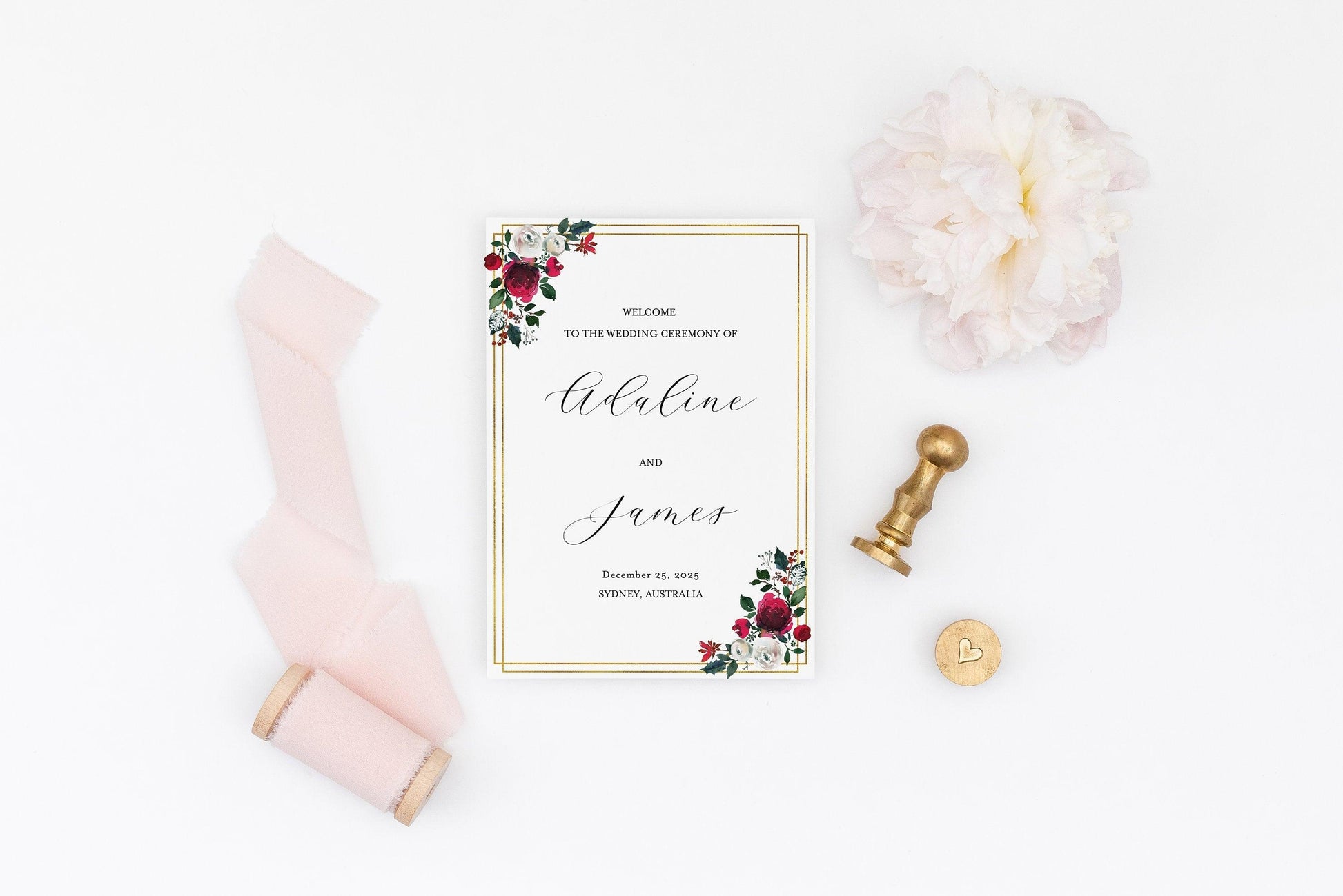 Folded Wedding Ceremony Program Card Editable Template Christmas Wedding Printable Instant Download Order of Service - Ada - SAVVY PAPER CO