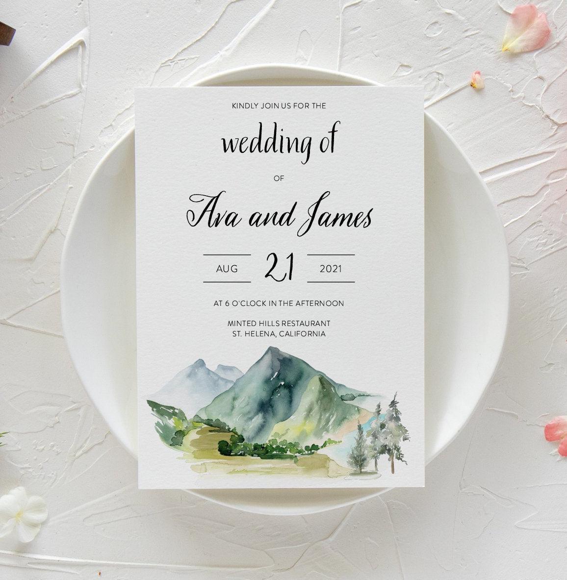 Forest and Mountain Watercolor Wedding Invitation Template, Instant Download, Pine Tree Wedding Invitation, Bohemian Wedding - Ava - SAVVY PAPER CO