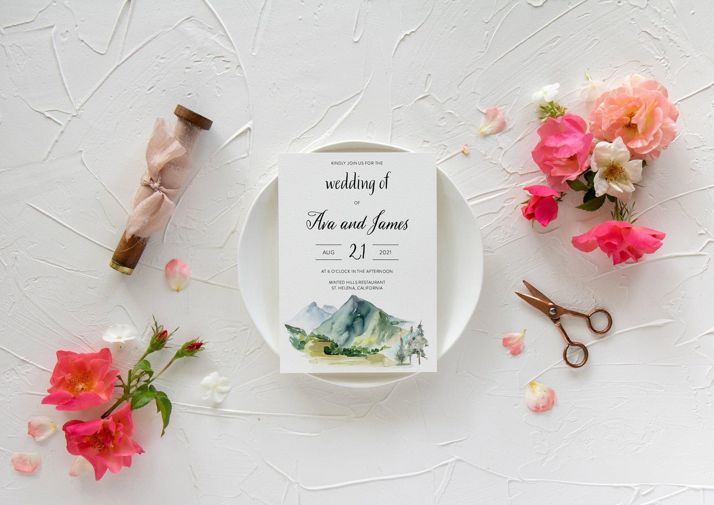 Forest and Mountain Watercolor Wedding Invitation Template, Instant Download, Pine Tree Wedding Invitation, Bohemian Wedding - Ava - SAVVY PAPER CO