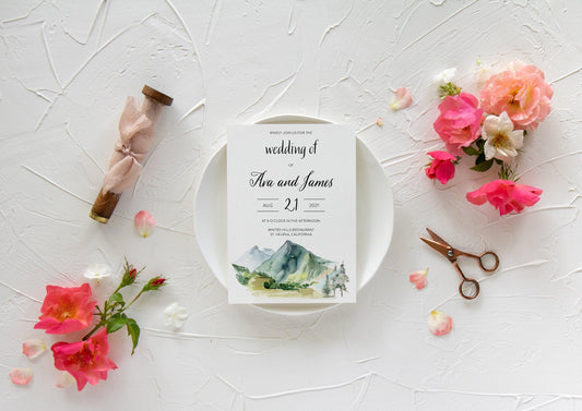 Forest and Mountain Watercolor Wedding Invitation Template, Instant Download, Pine Tree Wedding Invitation, Bohemian Wedding - Ava - SAVVY PAPER CO