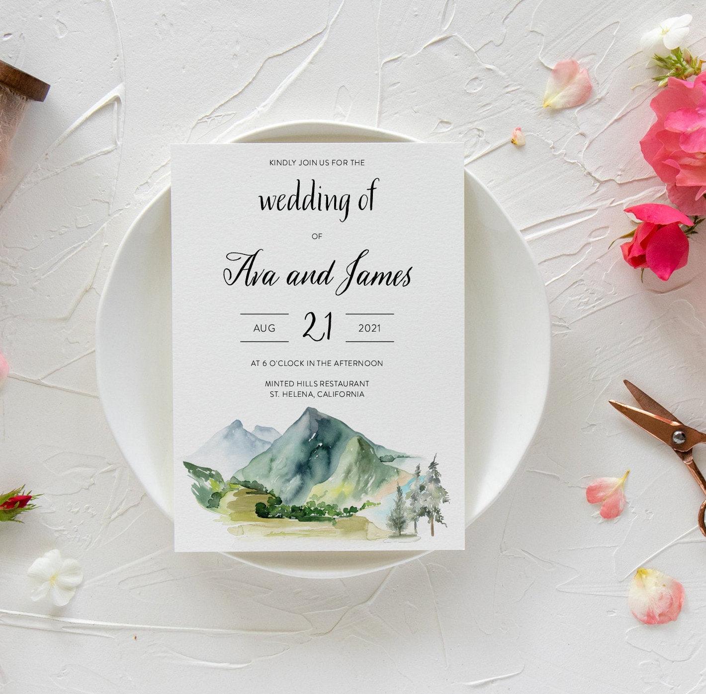 Forest and Mountain Watercolor Wedding Invitation Template, Instant Download, Pine Tree Wedding Invitation, Bohemian Wedding - Ava - SAVVY PAPER CO