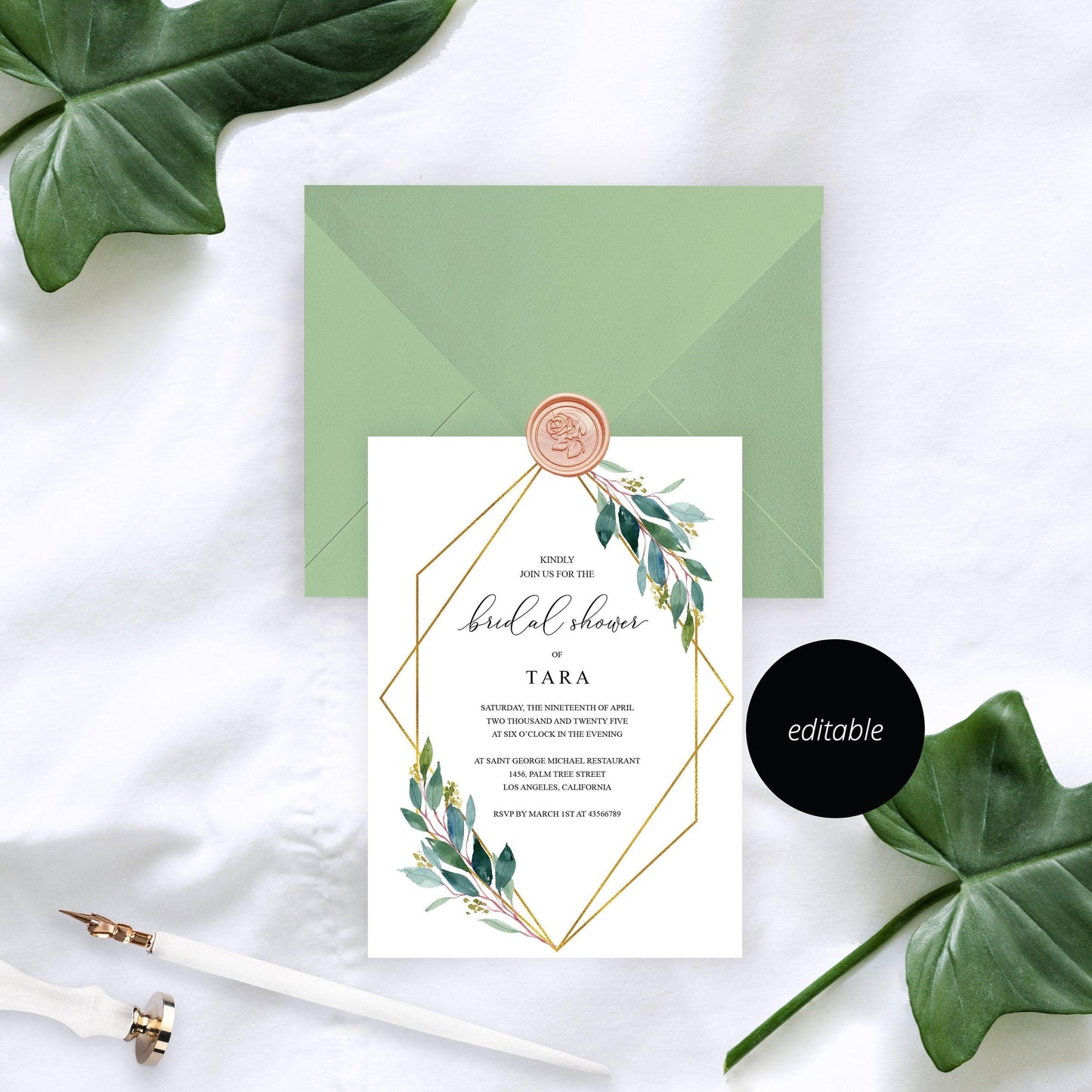 Geometric Greenery Bridal Shower Invitation Instant Download Printable Editable Template DIY Bridal Shower Invite- TARA - SAVVY PAPER CO
