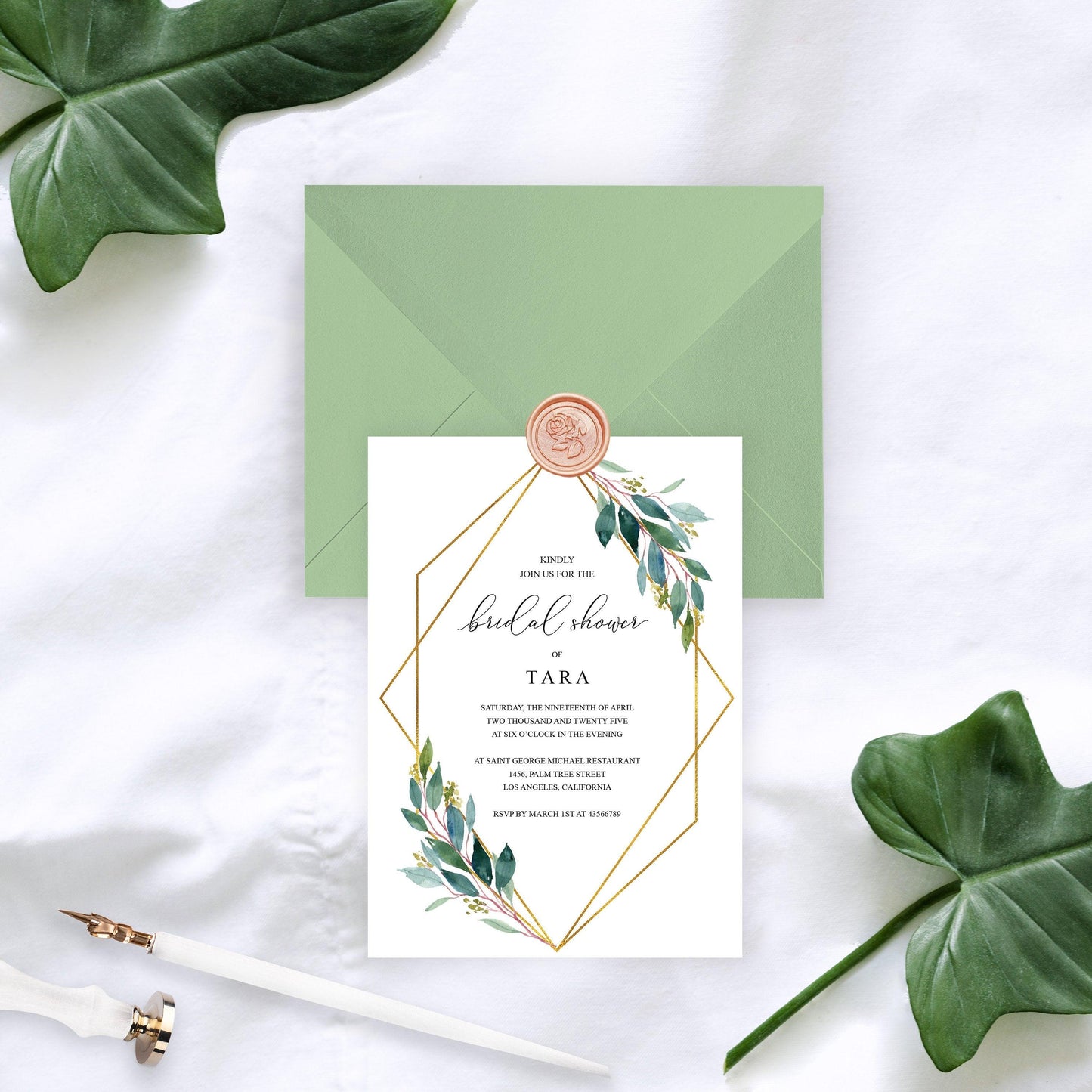Geometric Greenery Bridal Shower Invitation Instant Download Printable Editable Template DIY Bridal Shower Invite- TARA - SAVVY PAPER CO