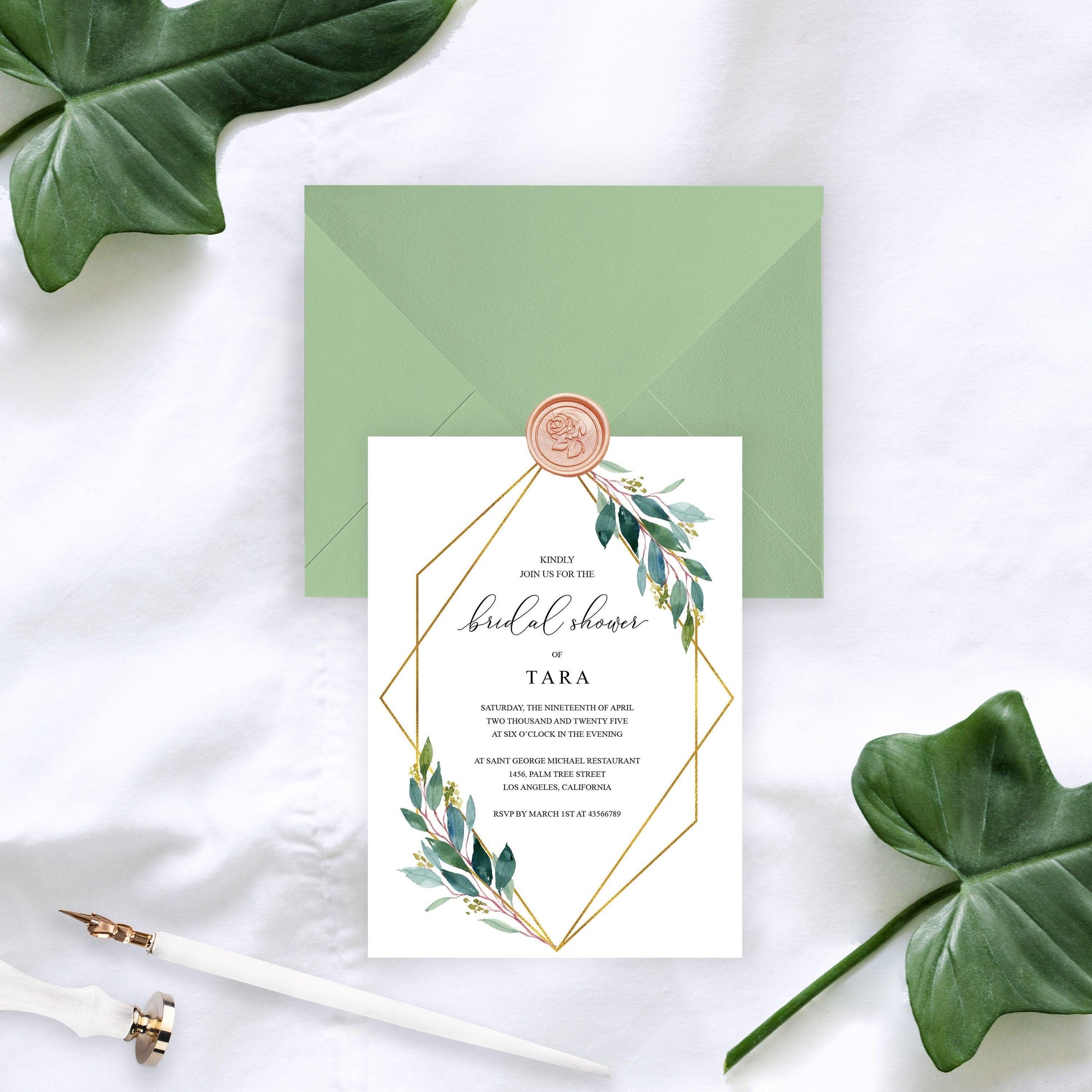 Geometric Greenery Bridal Shower Invitation Instant Download Printable Editable Template DIY Bridal Shower Invite- TARA - SAVVY PAPER CO