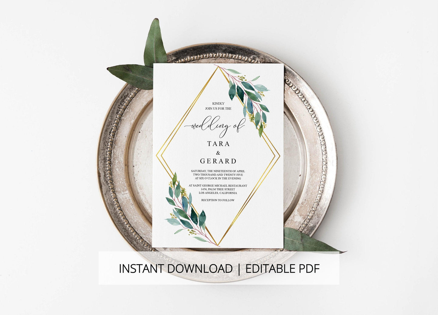Geometric Greenery Wedding Invitation Editable Template, Printable DIY Instant Download Invites, Digital Download Invitations- TARA - SAVVY PAPER CO