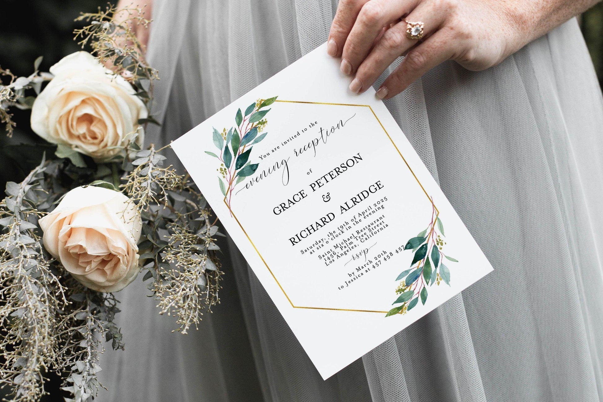 Geometric Wedding Evening Reception Invitation Template Instant Download Templett Printable Editable Greenery Gold - Tara - SAVVY PAPER CO