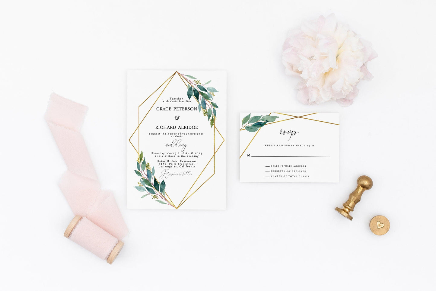 Geometric Wedding Invitation Template Instant Download Templett Printable Wedding Editable Greenery Gold - Tara - SAVVY PAPER CO