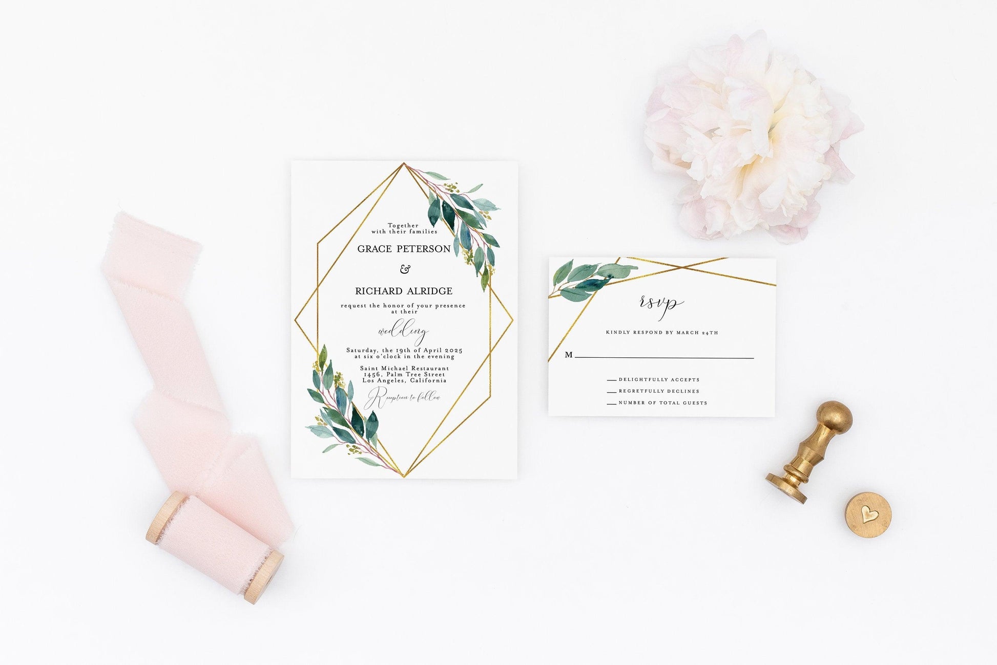 Geometric Wedding Invitation Template Instant Download Templett Printable Wedding Editable Greenery Gold - Tara - SAVVY PAPER CO