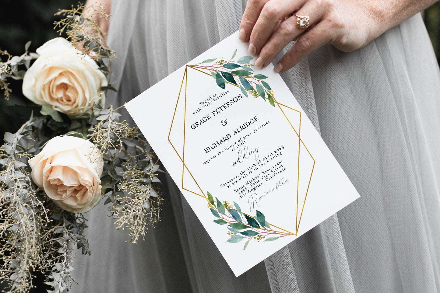 Geometric Wedding Invitation Template Instant Download Templett Printable Wedding Editable Greenery Gold - Tara - SAVVY PAPER CO