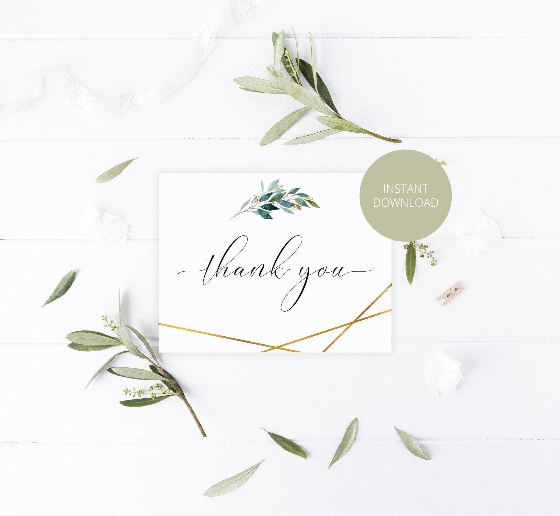 Geometric Wedding Thank You Card, Instant Download, Thank you Cards, Printable Thank You, Wedding Cards, Greenery, Gold - TARA - SAVVY PAPER CO