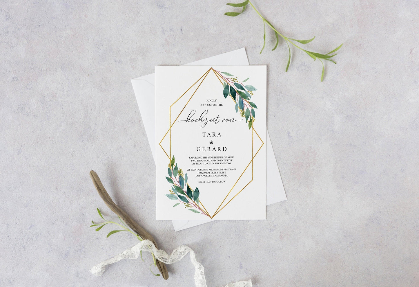 German Wedding Invitation, Geometrische Hochzeitseinladung, Greenery Wedding, Gold Hochzeit, Einladung, Deutsch einladenn- TARA - SAVVY PAPER CO