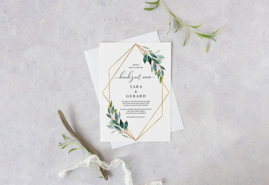 German Wedding Invitation, Geometrische Hochzeitseinladung, Greenery Wedding, Gold Hochzeit, Einladung, Deutsch einladenn- TARA - SAVVY PAPER CO