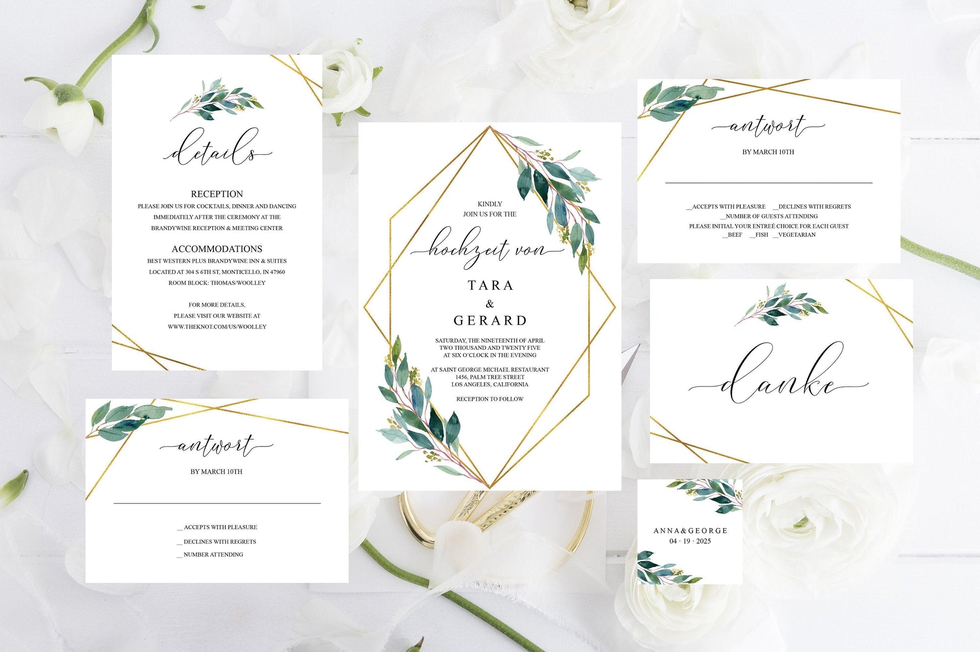 German Wedding Invitation, Geometrische Hochzeitseinladung, Greenery Wedding, Gold Hochzeit, Einladung, Deutsch einladenn- TARA - SAVVY PAPER CO