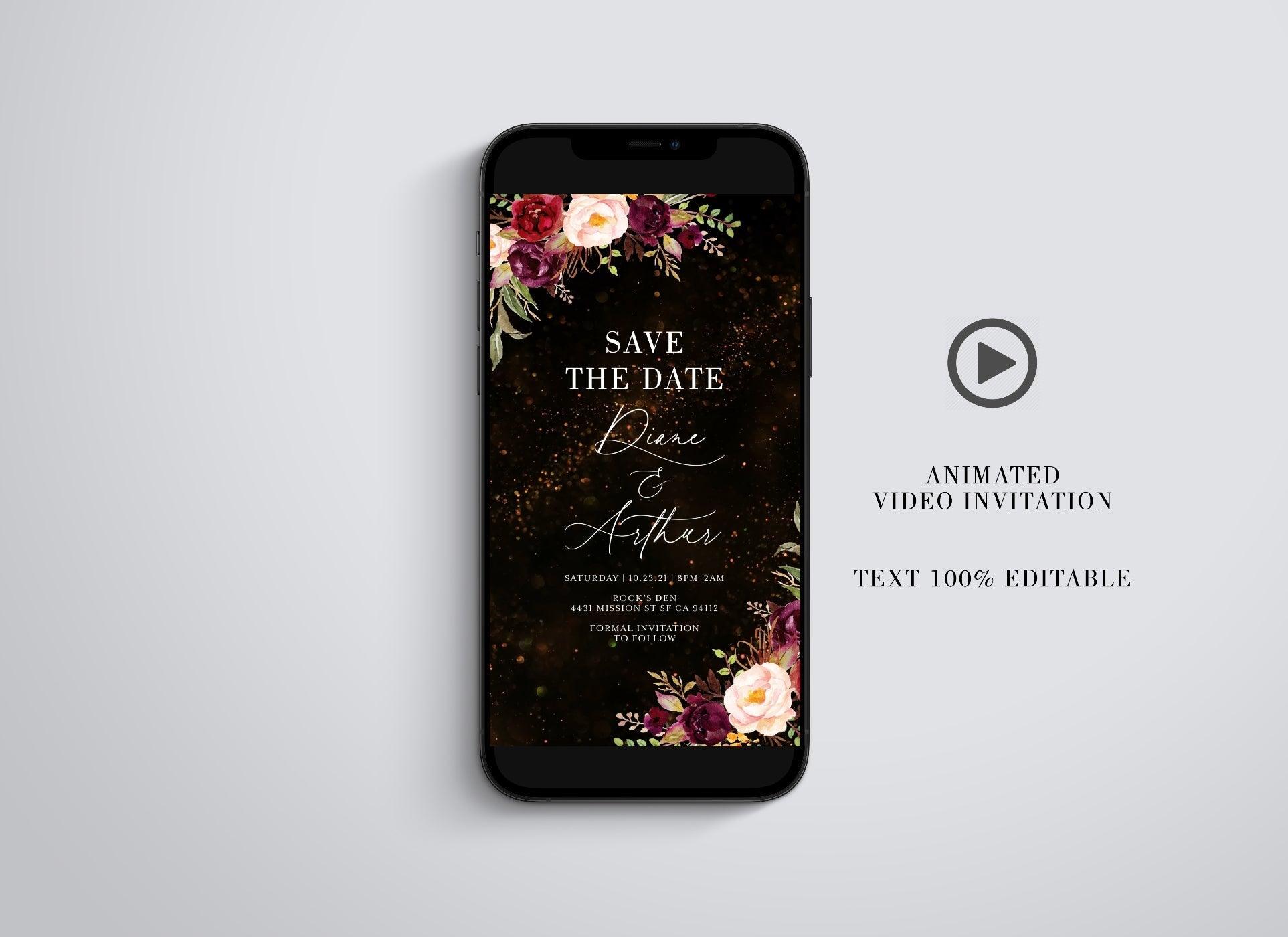 Glitter Curtain Save the Date Video Evite, Electronic Save The Date, Video Invitation, Animated Invitation Burgundy Florals - SAVVY PAPER CO