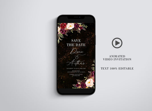 Glitter Curtain Save the Date Video Evite, Electronic Save The Date, Video Invitation, Animated Invitation Burgundy Florals - SAVVY PAPER CO