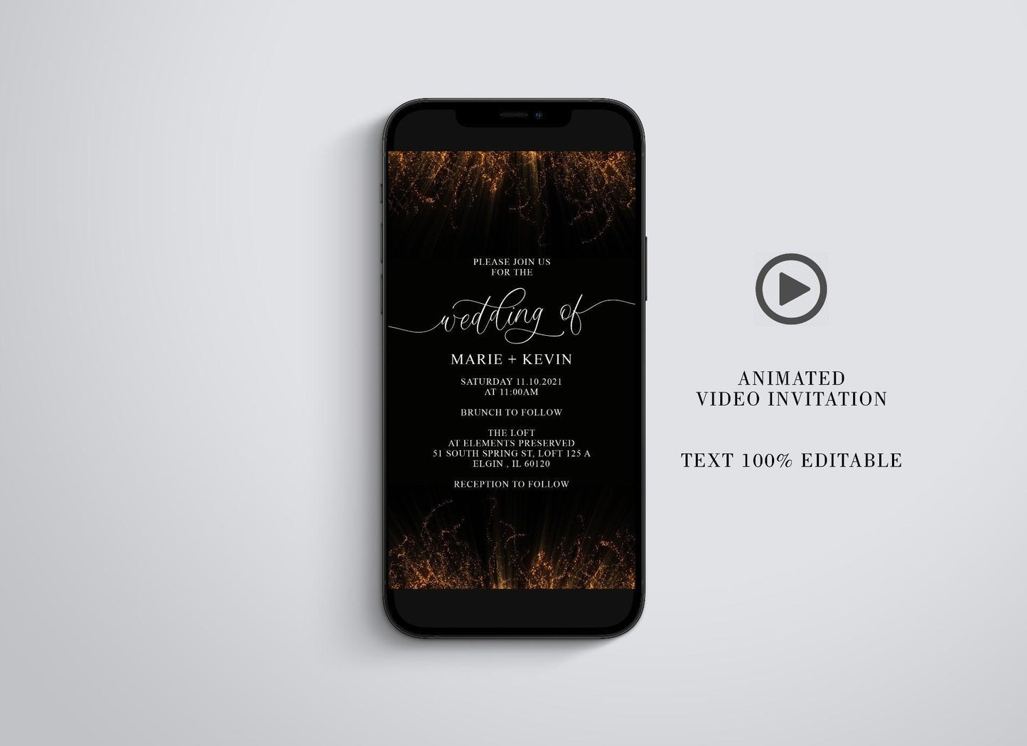 Glitter Wedding Video Evite, Electronic Wedding Invite, Video Invitation, Animated Invitation, Instant Download, Glitter Rain, Gold - SAVVY PAPER CO