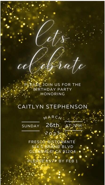 Gold Birthday Celebration Video Invitation, Adult bday Invite, Instant Download, Electronic Birthday Party Glitter Invitation, Any Age - SAVVY PAPER CO