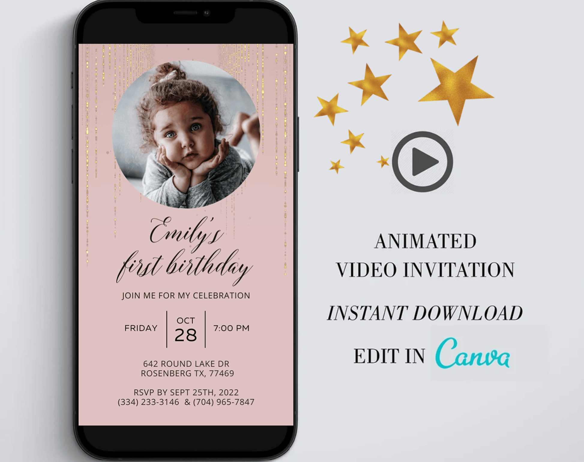 Gold Birthday Party Invitation, Video Invitation, Any Age, Personalized Birthday Invitation, Custom Invitation with picture - SAVVY PAPER CO