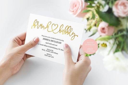 Gold Brunch and Bubbly Bridal Shower Invitation Instant Download Printable Editable Template DIY Bridal Shower Invite - JESSICA - SAVVY PAPER CO