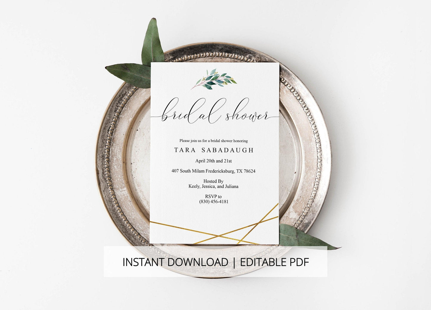 Gold Greenery Bridal Shower Invitation Instant Download Printable Editable Template DIY Bridal Shower Invite - TARA - SAVVY PAPER CO