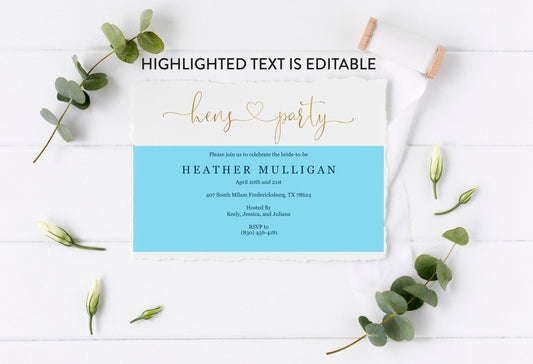 Gold Hens Party Invitation Instant Download Printable Editable Template DIY Bridal Shower Invite - Heather - SAVVY PAPER CO