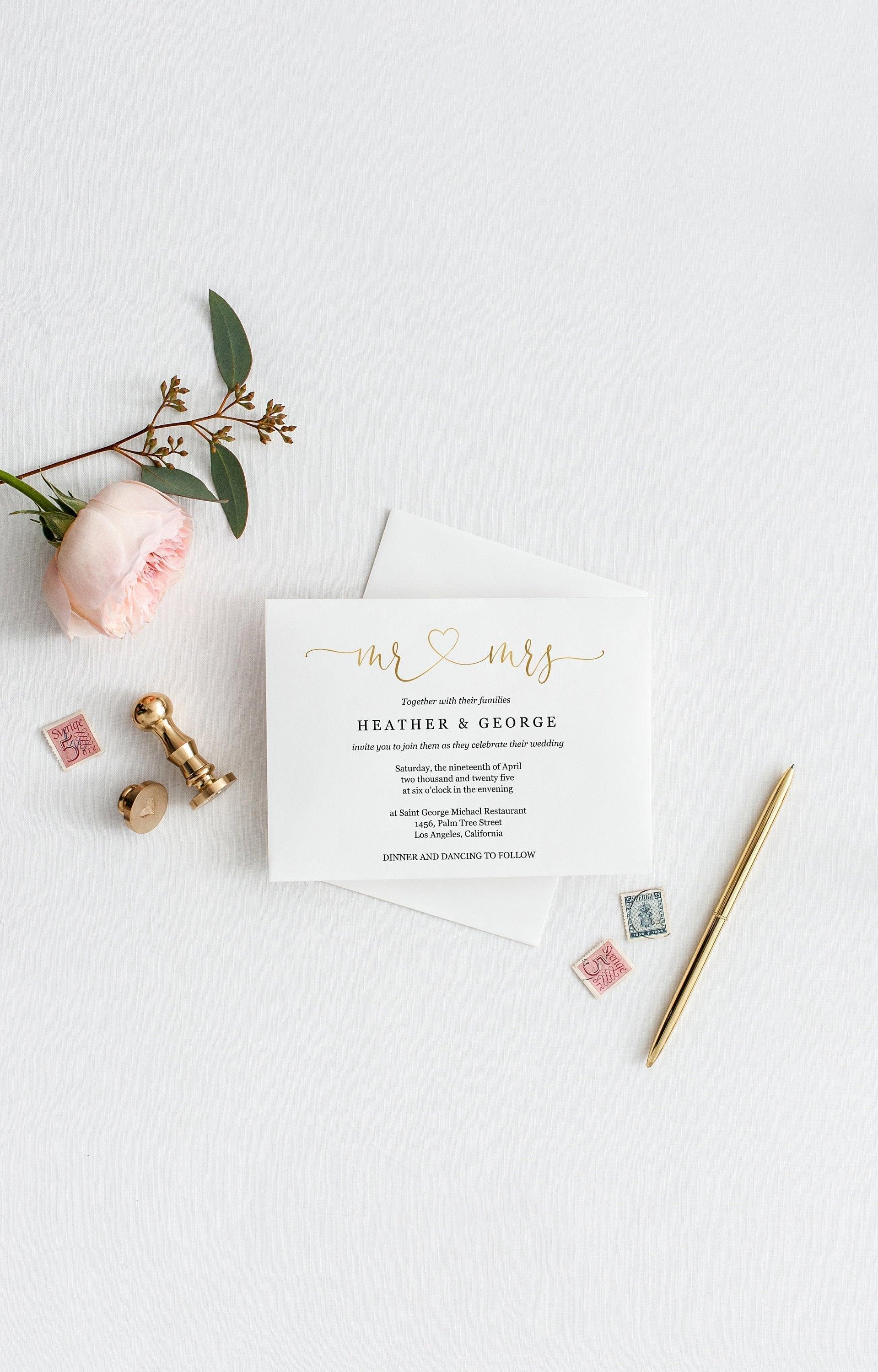 Gold Mr and Mrs Wedding Invitation Template Editable Wedding Invitation Template Printable Calligraphy Instant Download Heart - Heather - SAVVY PAPER CO