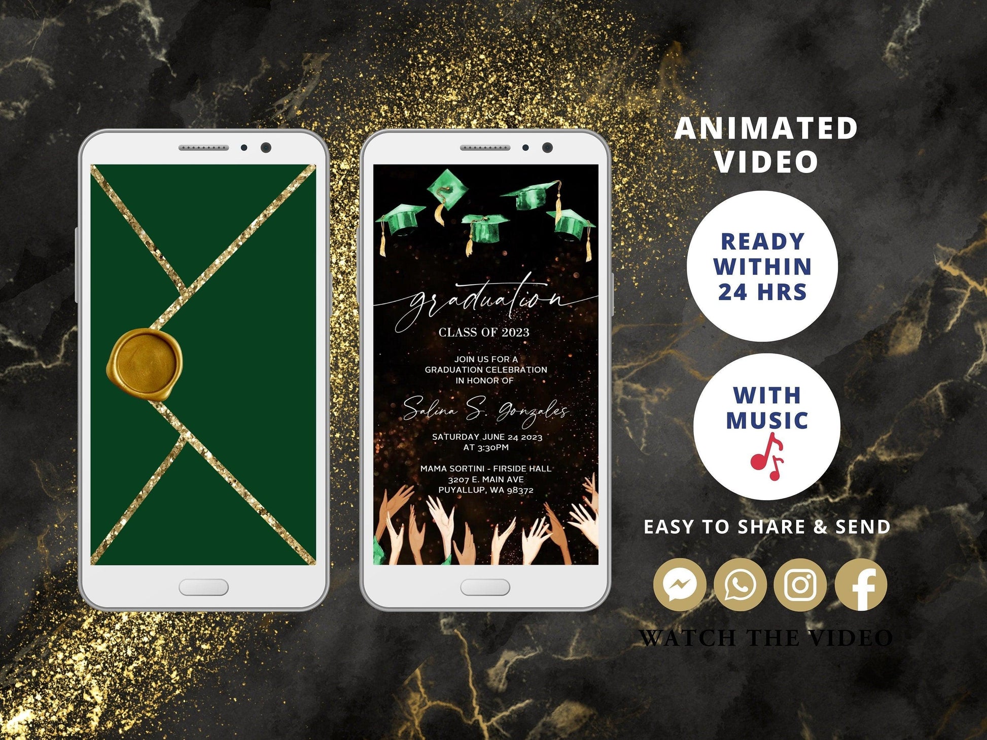 Graduation Party Video Evite, Electronic Graduation Invite, Animated College grad announcement Class of 2023, Gold Graduation, Green Caps - SAVVY PAPER CO