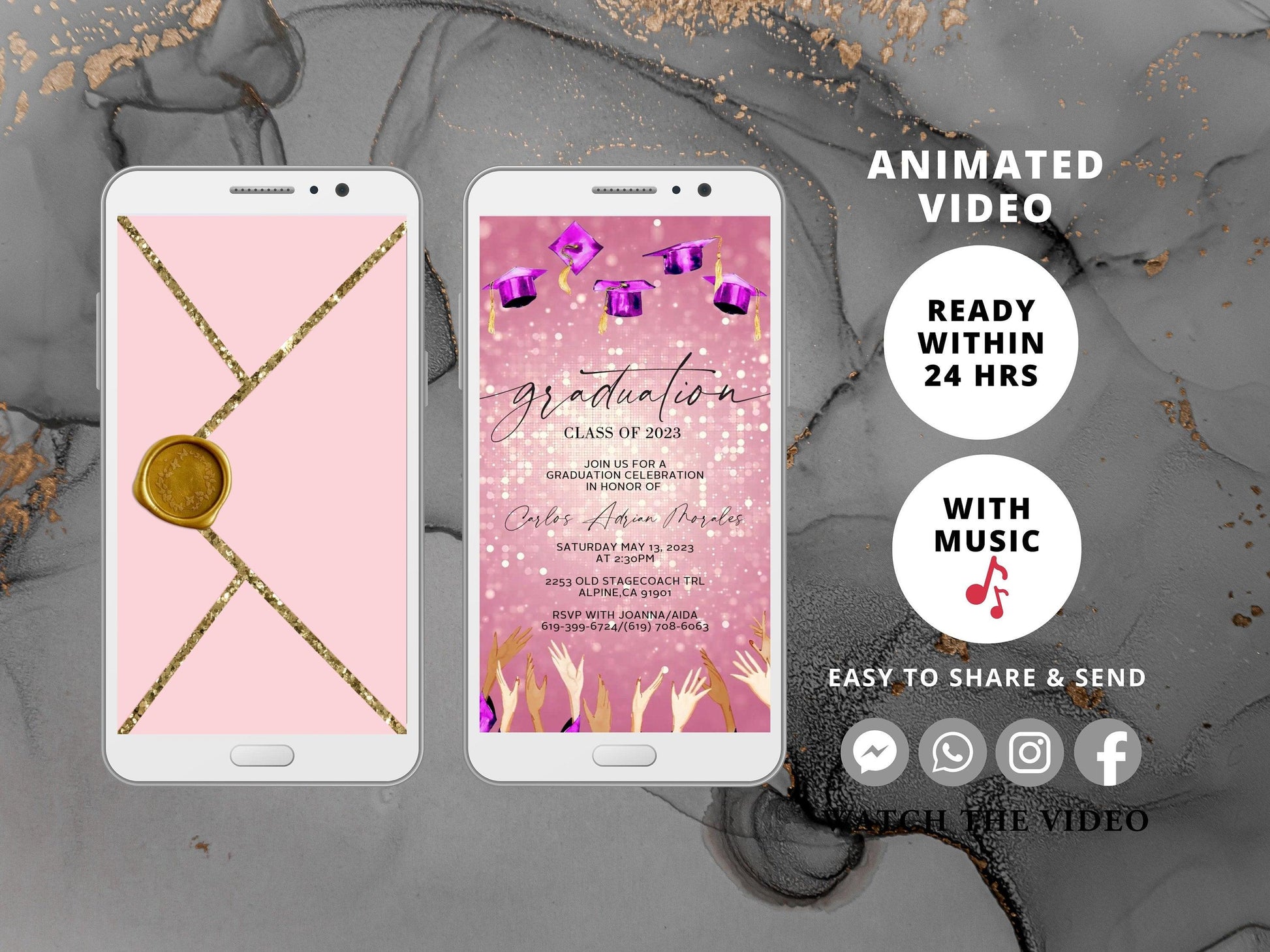 Graduation Party Video Evite, Electronic Graduation Invite, Animated College grad announcement Class of 2023, Pink Graduation - SAVVY PAPER CO