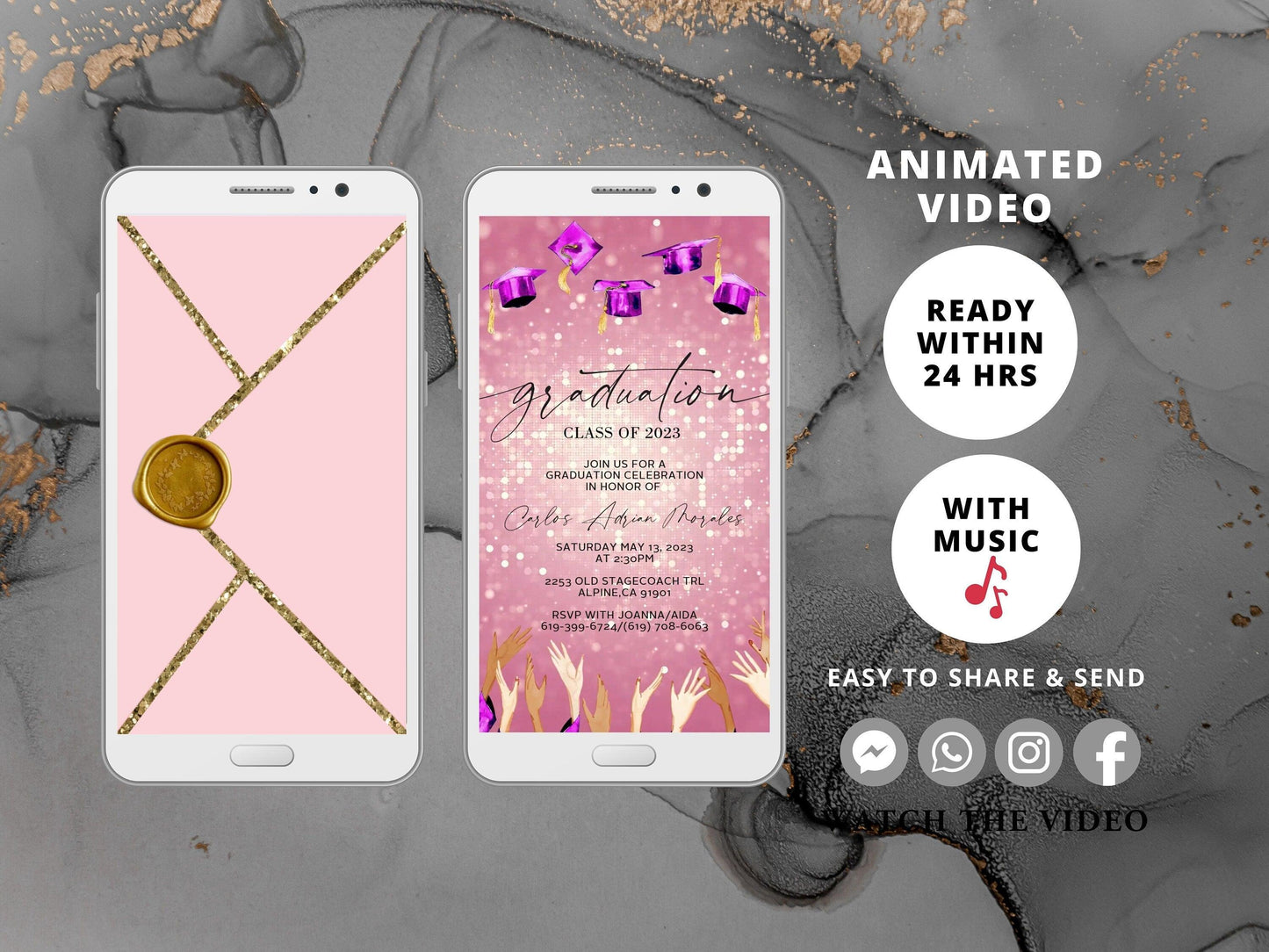 Graduation Party Video Evite, Electronic Graduation Invite, Animated College grad announcement Class of 2023, Pink Graduation - SAVVY PAPER CO