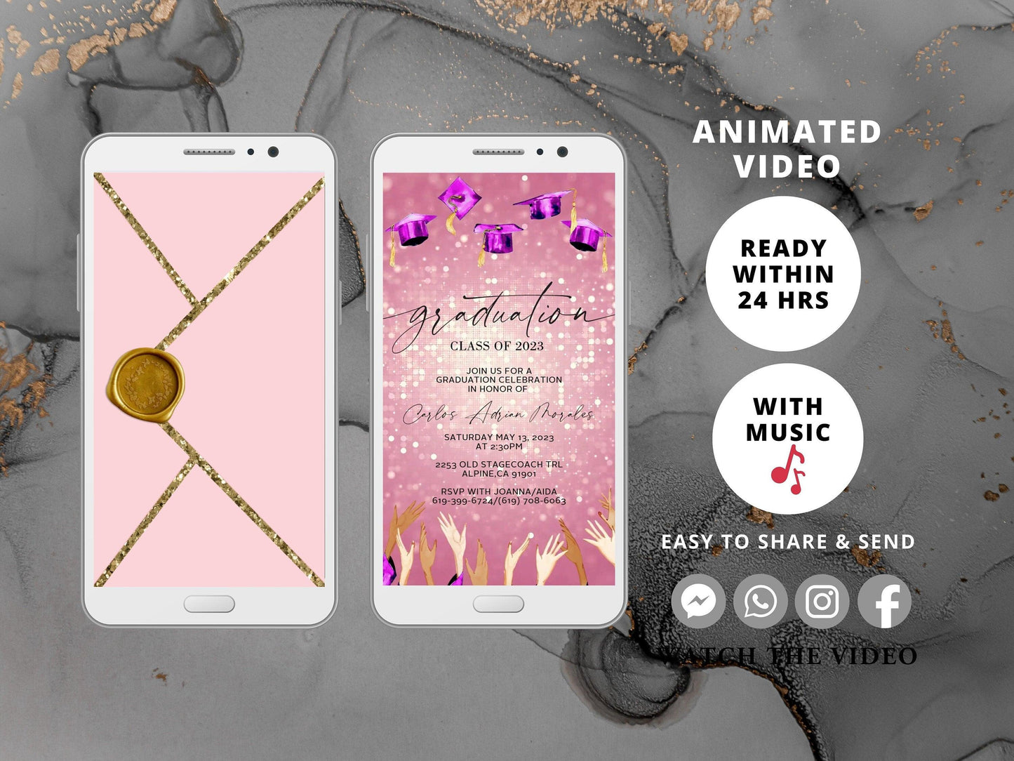 Graduation Party Video Evite, Electronic Graduation Invite, Animated College grad announcement Class of 2023, Pink Graduation - SAVVY PAPER CO