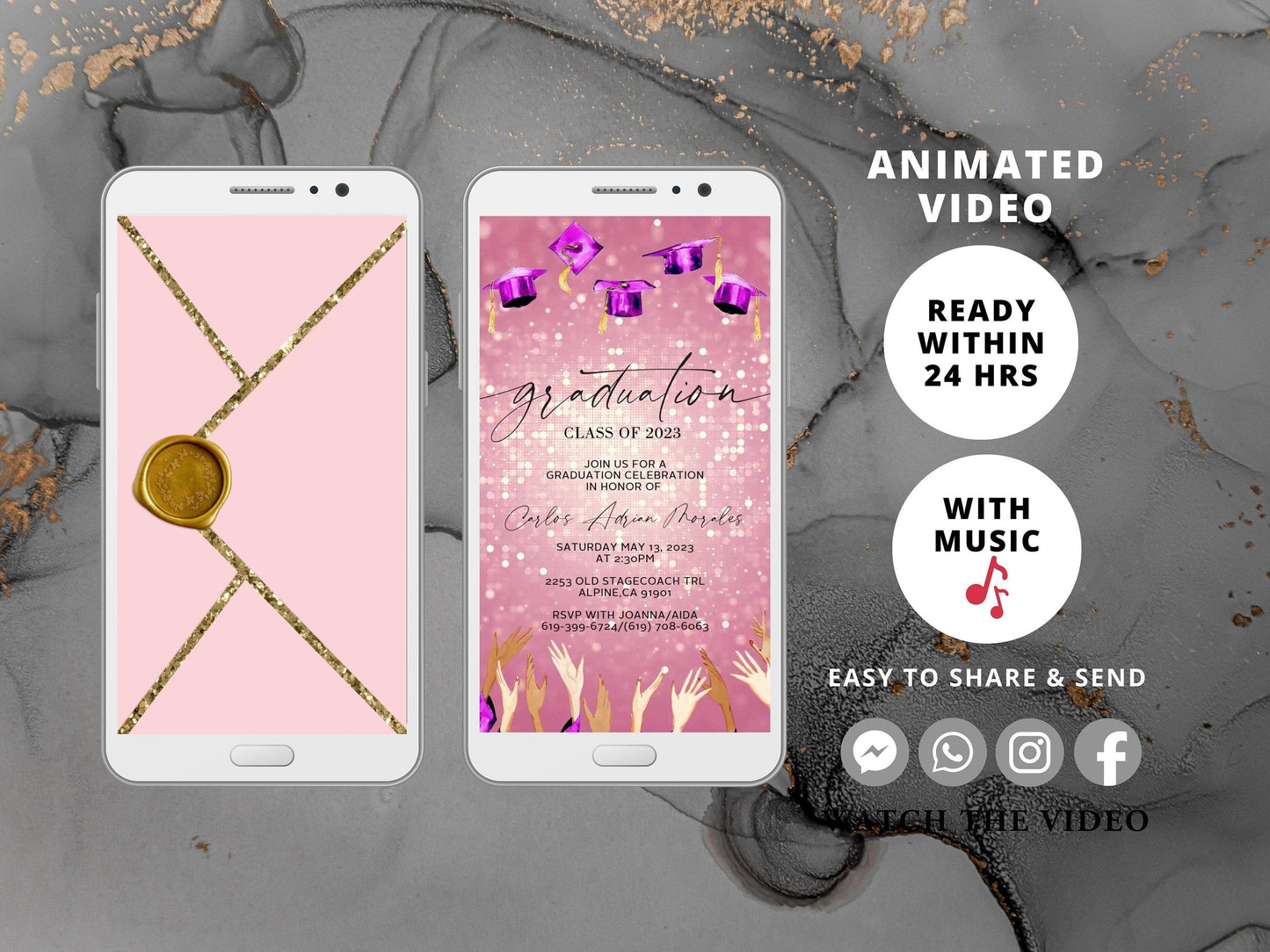 Graduation Party Video Evite, Electronic Graduation Invite, Animated College grad announcement Class of 2023, Pink Graduation - SAVVY PAPER CO