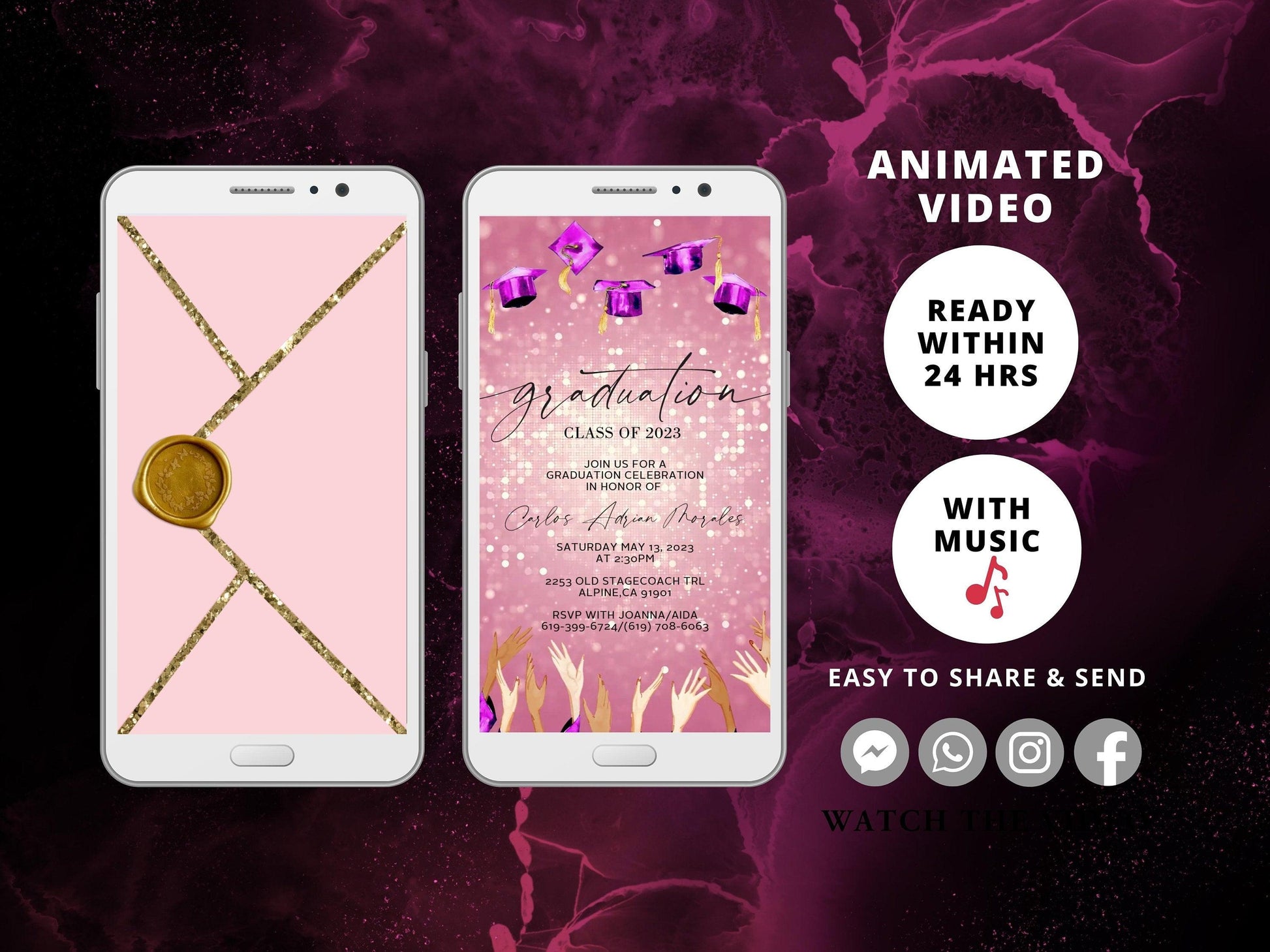 Graduation Party Video Evite, Electronic Graduation Invite, Animated College grad announcement Class of 2023, Pink Graduation - SAVVY PAPER CO