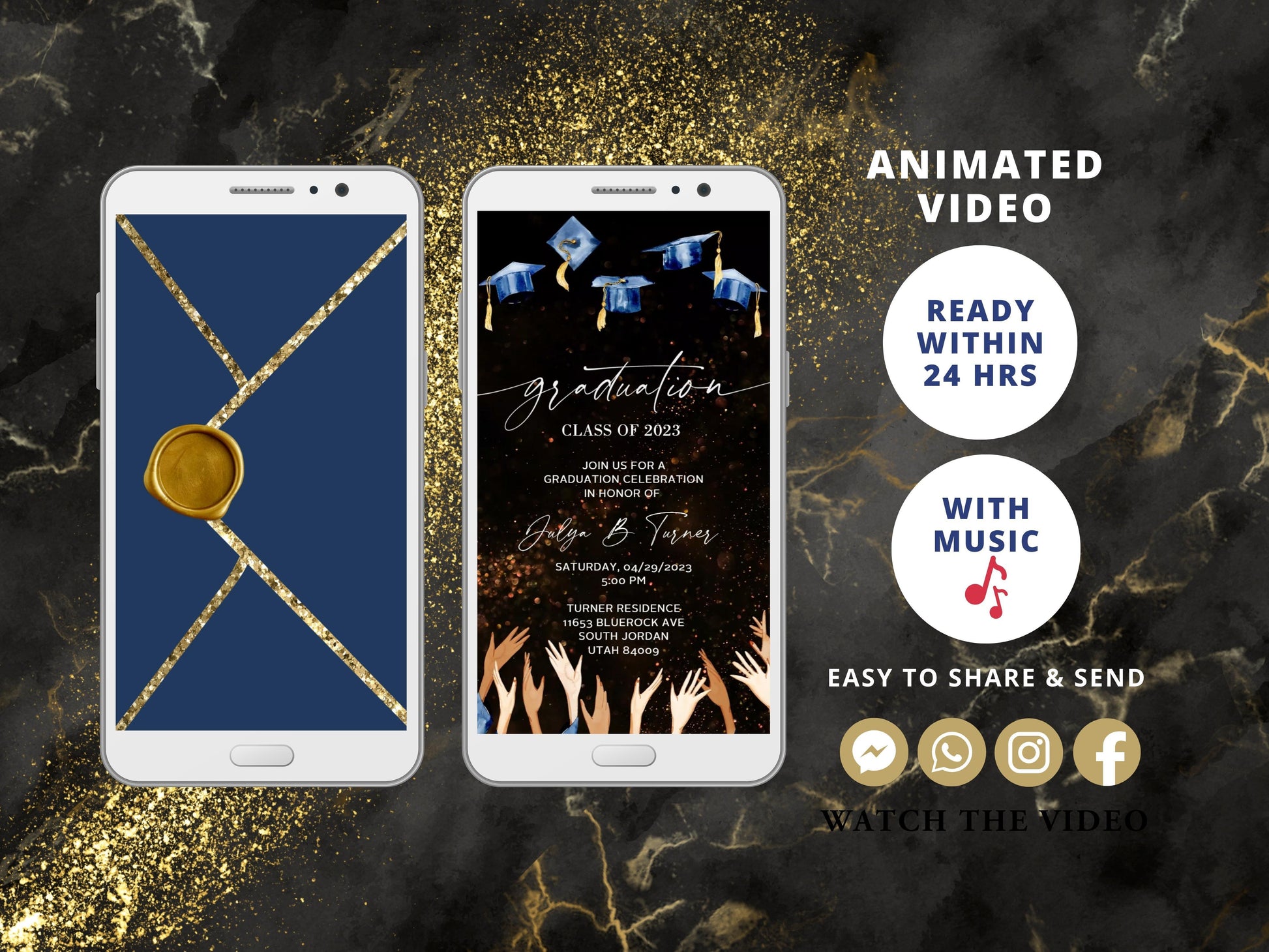 Graduation Party Video Evite, Electronic Graduation Invite,Video Invitation, Animated Invitation, College grad announcement Class of 2021, Gold - SAVVY PAPER CO