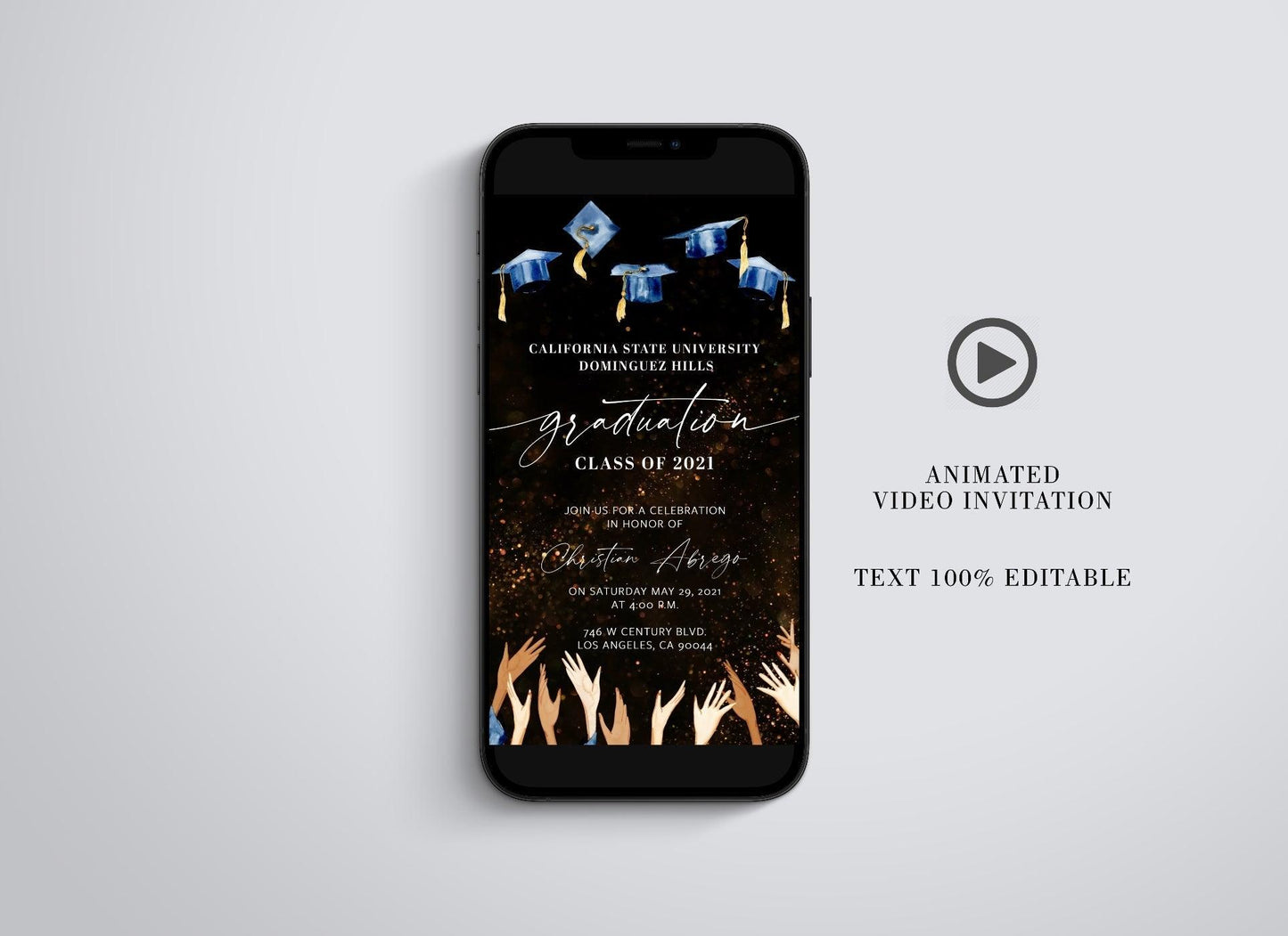 Graduation Party Video Evite, Electronic Graduation Invite,Video Invitation, Animated Invitation, College grad announcement Class of 2021, Gold - SAVVY PAPER CO