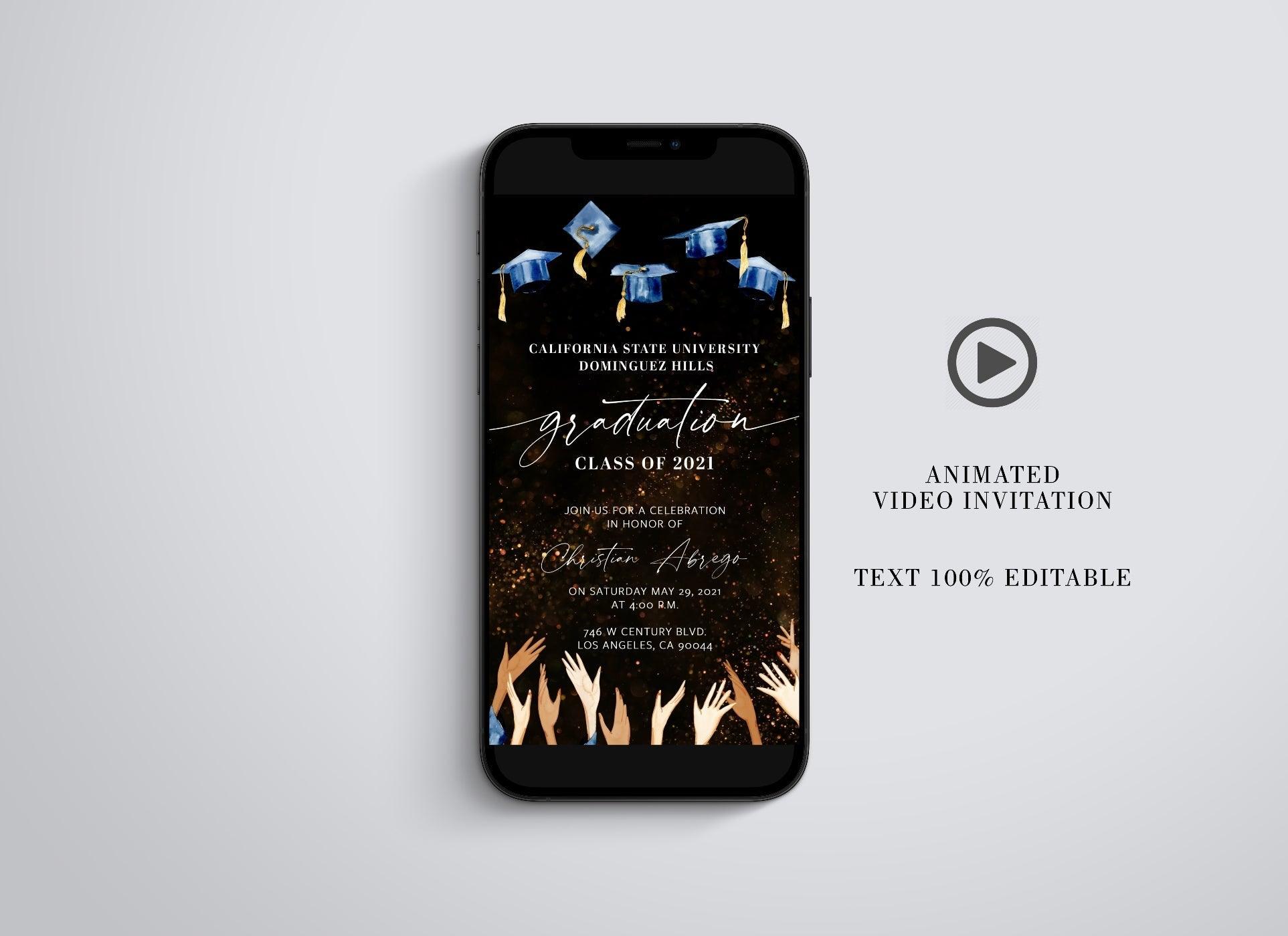 Graduation Party Video Evite, Electronic Graduation Invite,Video Invitation, Animated Invitation, College grad announcement Class of 2021, Gold - SAVVY PAPER CO