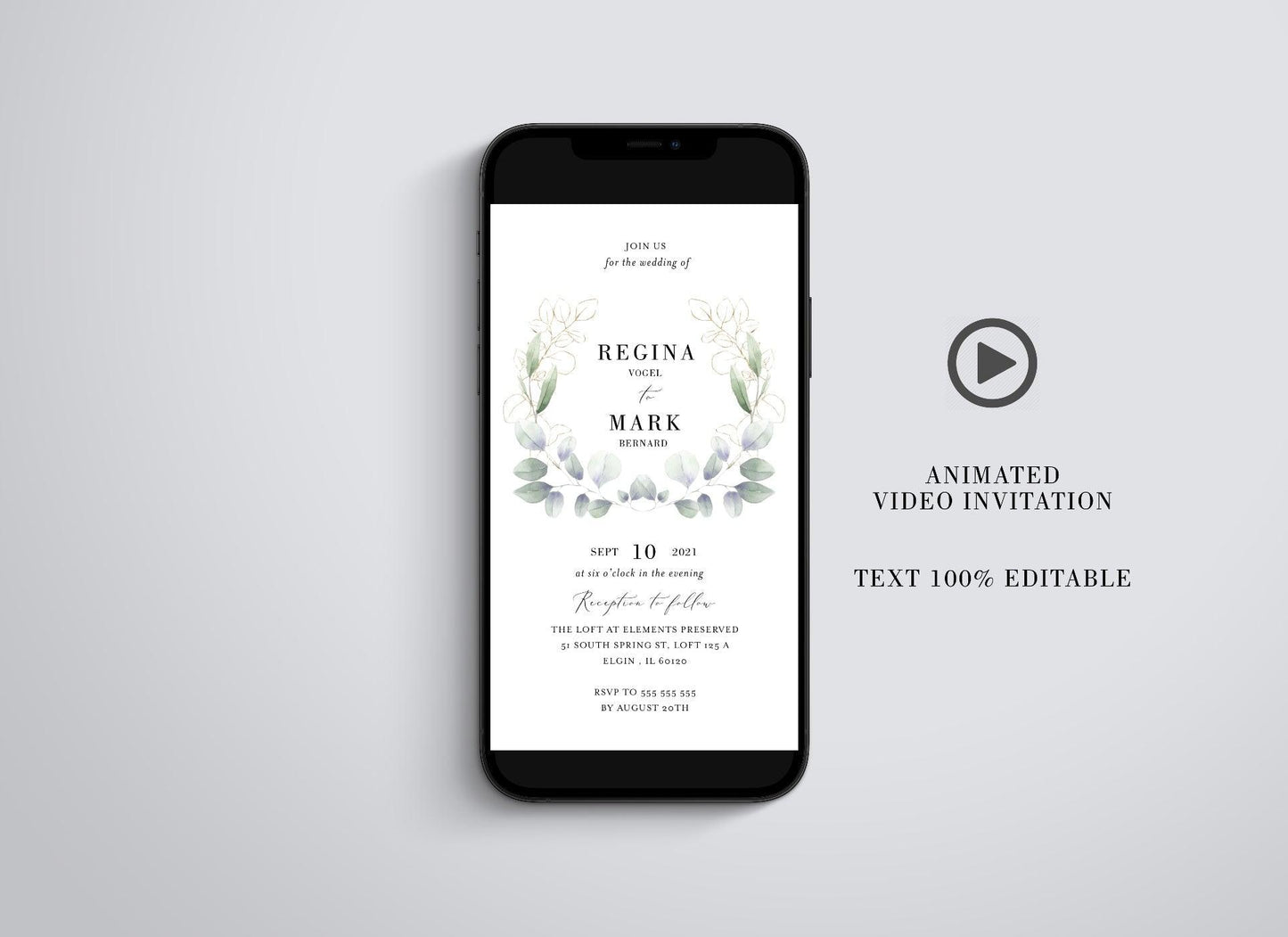 Greenery Animated Wedding Invitation, Geometric Video Wedding Invite, Mp4 Invites, Gold Wedding - SAVVY PAPER CO