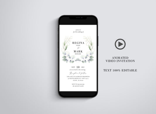 Greenery Animated Wedding Invitation, Geometric Video Wedding Invite, Mp4 Invites, Gold Wedding - SAVVY PAPER CO
