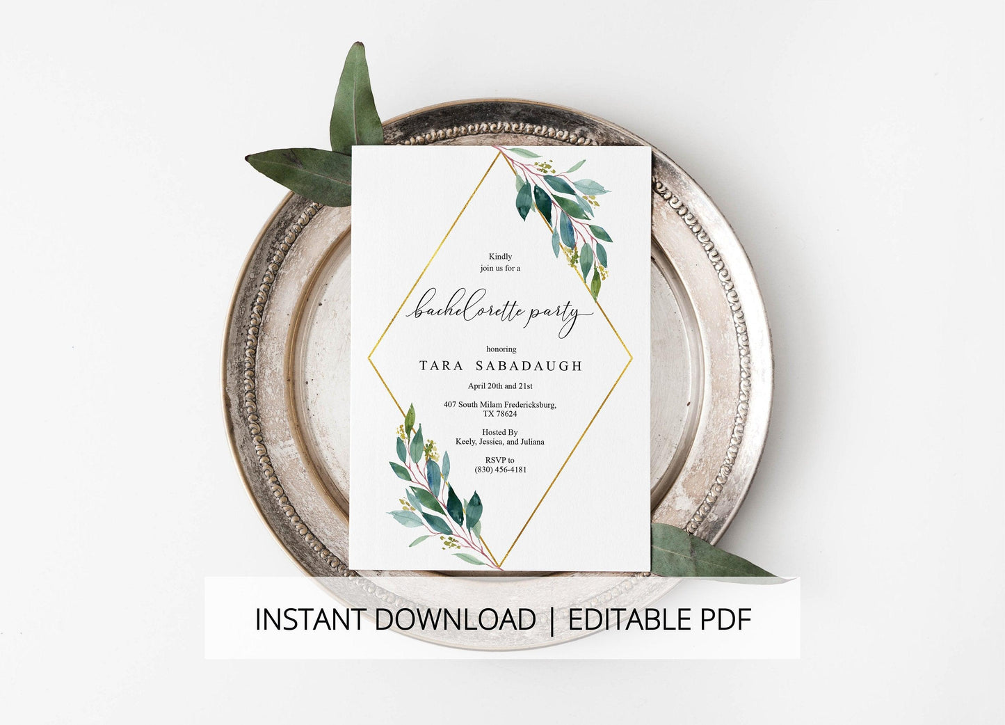 Greenery Bachelorette Party Invite, DIY Editable Instant Download Bachelorette Invites, Gold Geometric Invitation Template - TARA - SAVVY PAPER CO